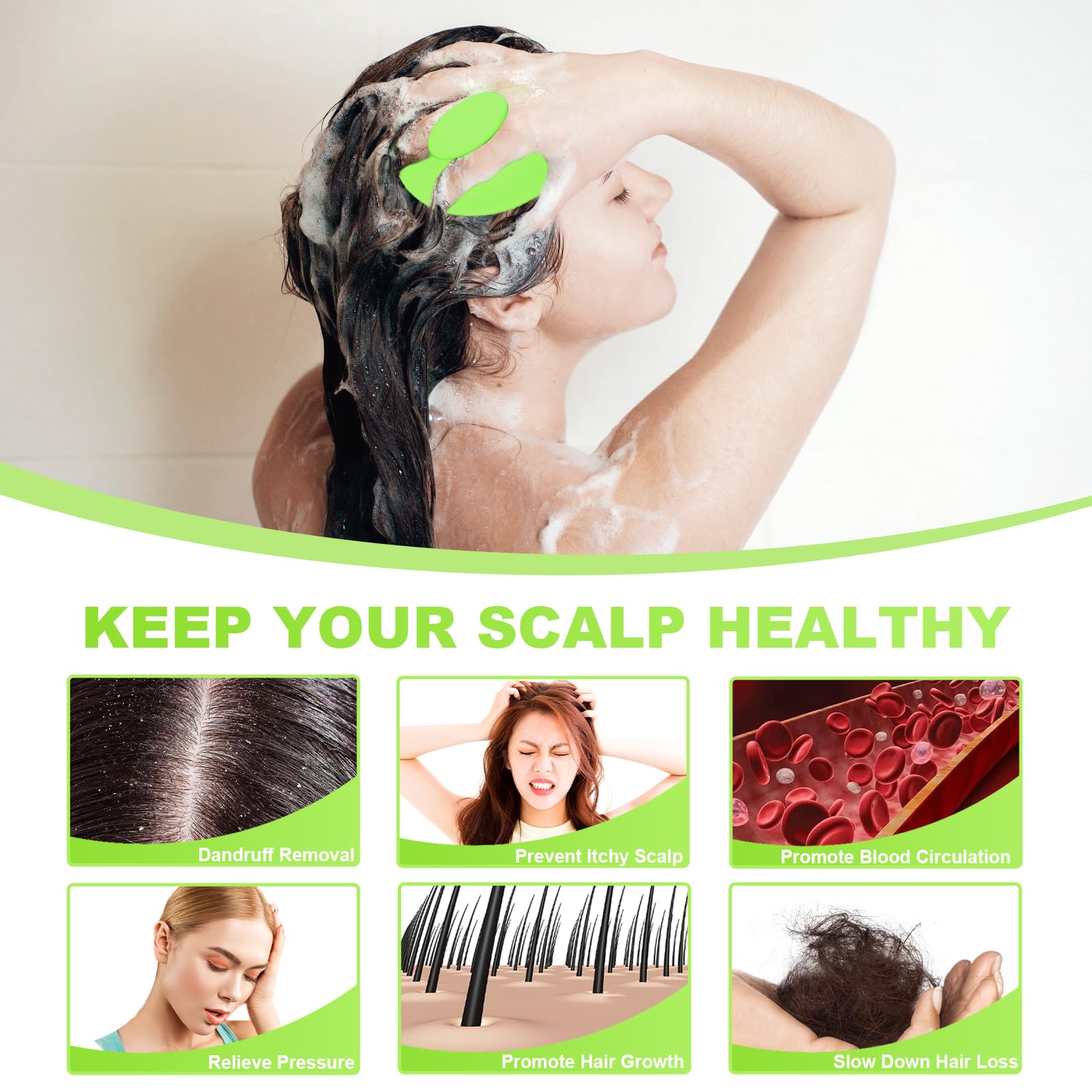 Meartchy scalp massager green wet-use image illustrates shampoo lather and scalp cleansing.