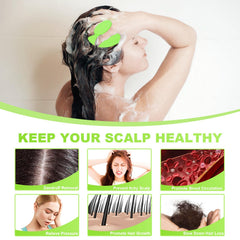 Meartchy scalp massager green wet-use image illustrates shampoo lather and scalp cleansing.