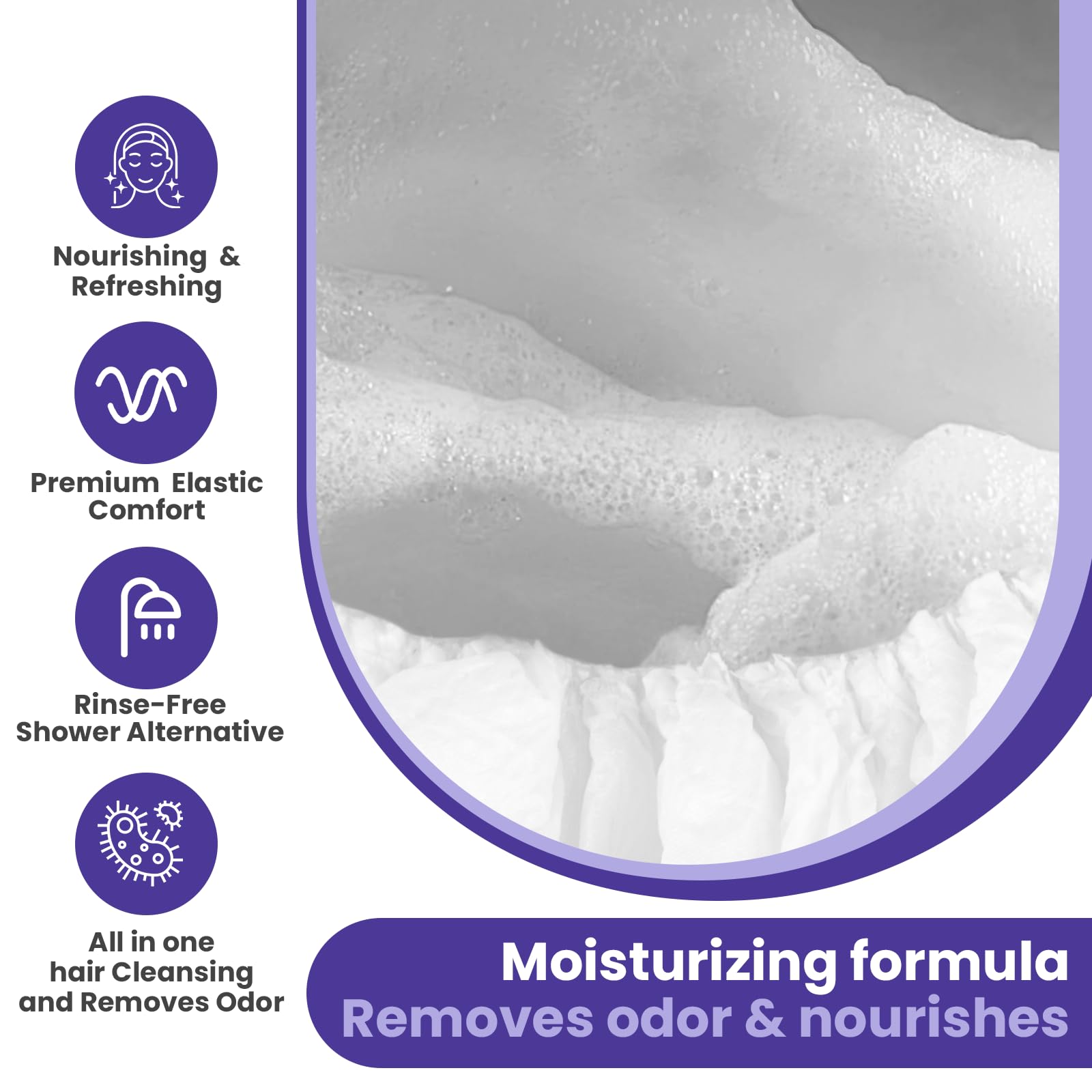 Medcosa shampoo caps no rinse ingredients closeup highlights Aloe Vera and Chamomile.