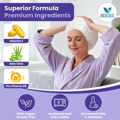 Medcosa shampoo caps no rinse on head demonstrates waterless cleaning for caregivers.