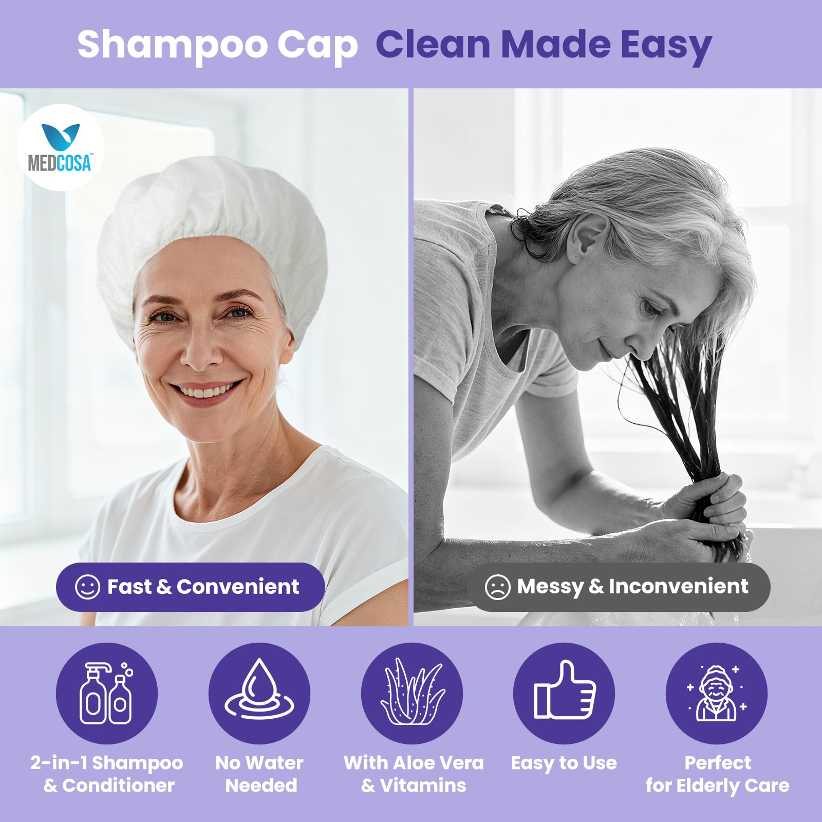 Medcosa shampoo caps no rinse warming microwave demonstrates optional warm cleanse for comfort.