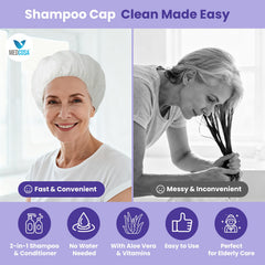 Medcosa shampoo caps no rinse warming microwave demonstrates optional warm cleanse for comfort.