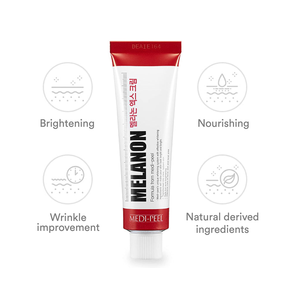 Medi-Peel Melanon X Cream packaging on display with premium skincare branding.