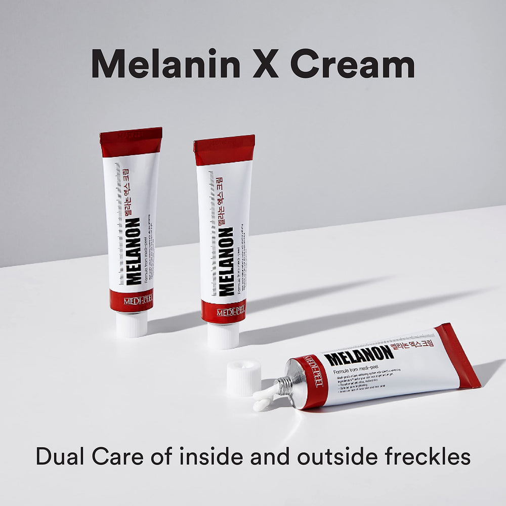 Medi-Peel Melanon X Cream swirl on skin shows lightweight, fast-absorbing texture.