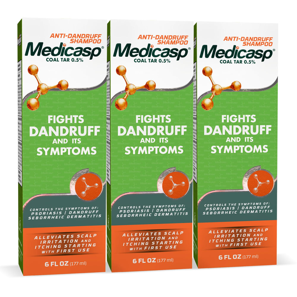 Medicasp Coal Tar Anti-Dandruff Shampoo bottle front highlights 0.5% coal tar for dandruff control.