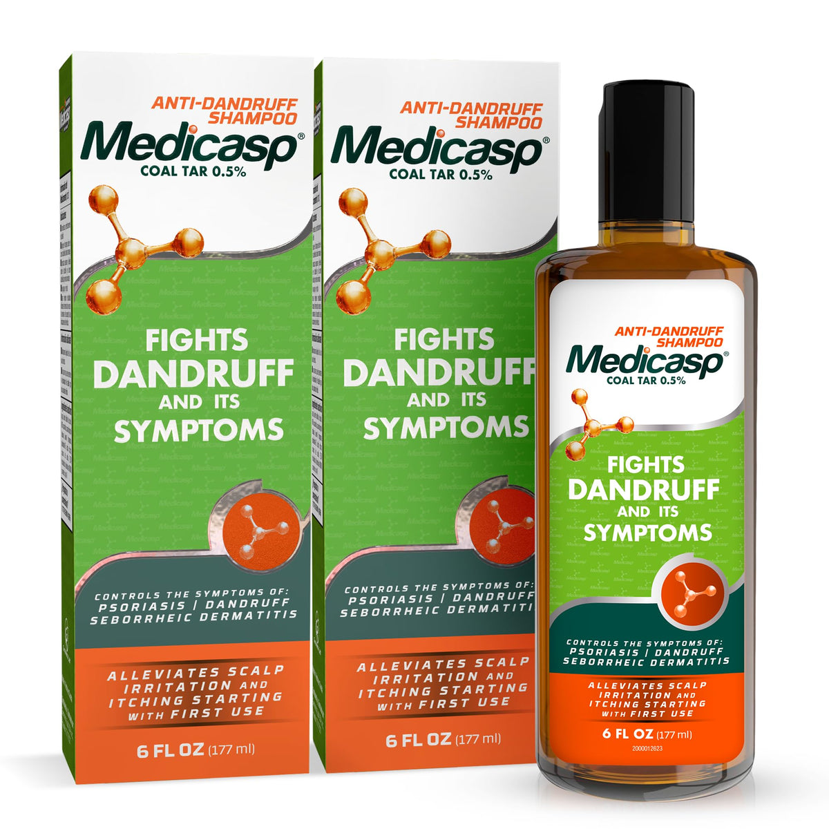 Medicasp coal tar anti-dandruff shampoo bottle for scalp relief from dandruff.