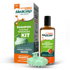 Medicasp coal tar shampoo bottle delivering dandruff relief and scalp care.