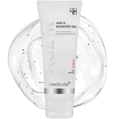 Medicube Age-R Booster Serum bottle closeup highlighting hydrating formula for radiant skin.