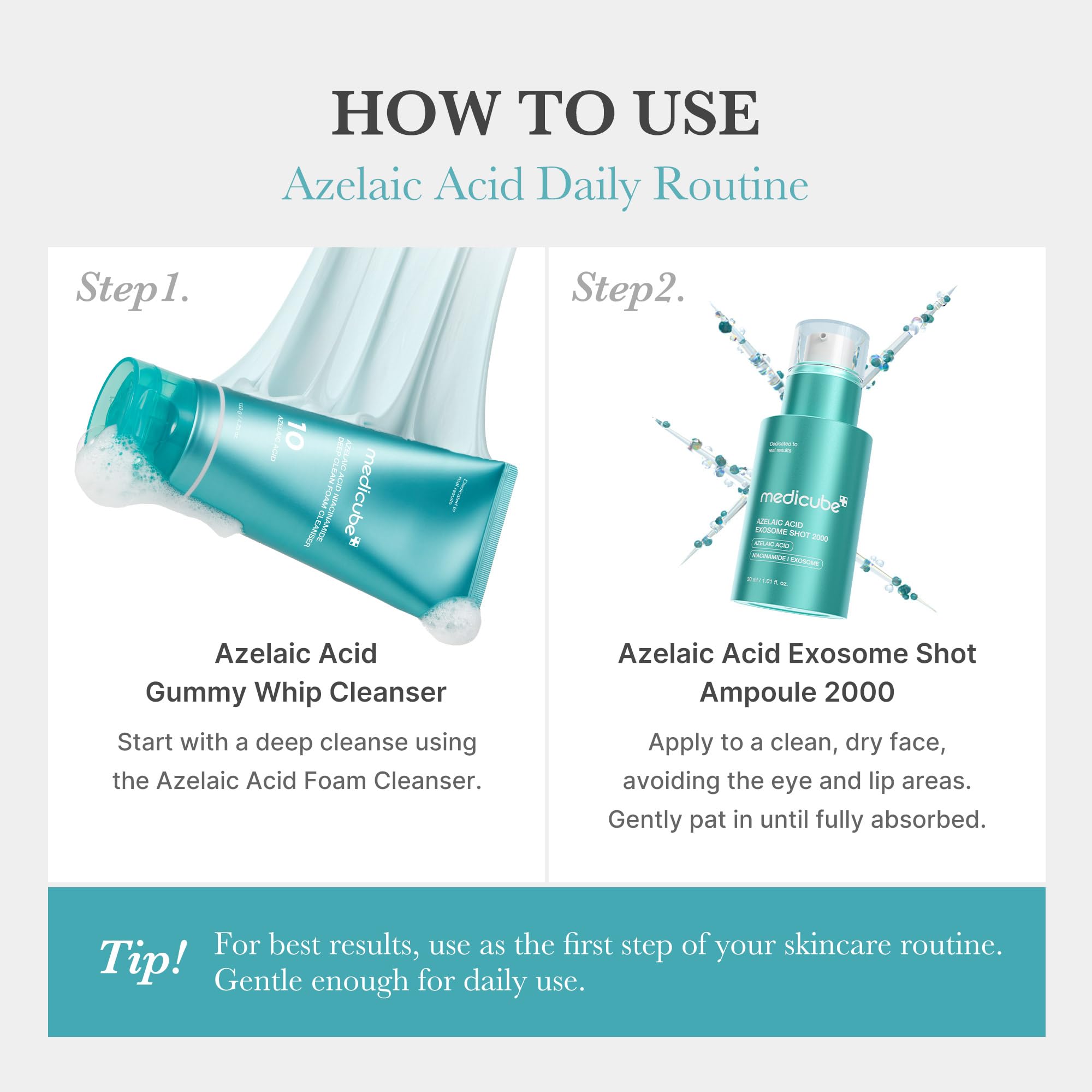 Medicube Azelaic Acid Exosome Shot Serum 2000 mint-tinted bottle conveys lightweight, non-sticky finish.