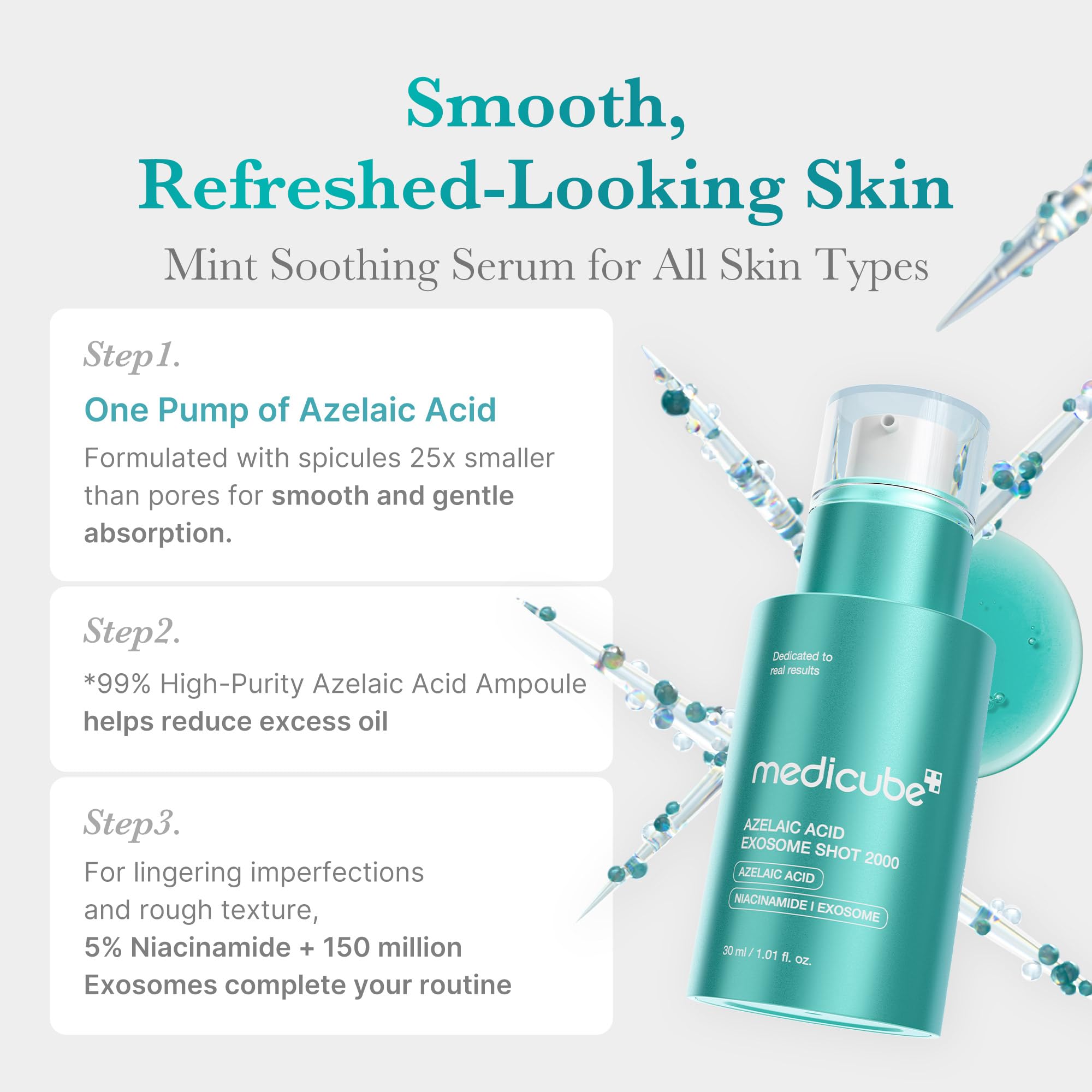 Medicube Azelaic Acid Exosome Shot Serum 2000 amber glass bottle close-up for premium packaging.