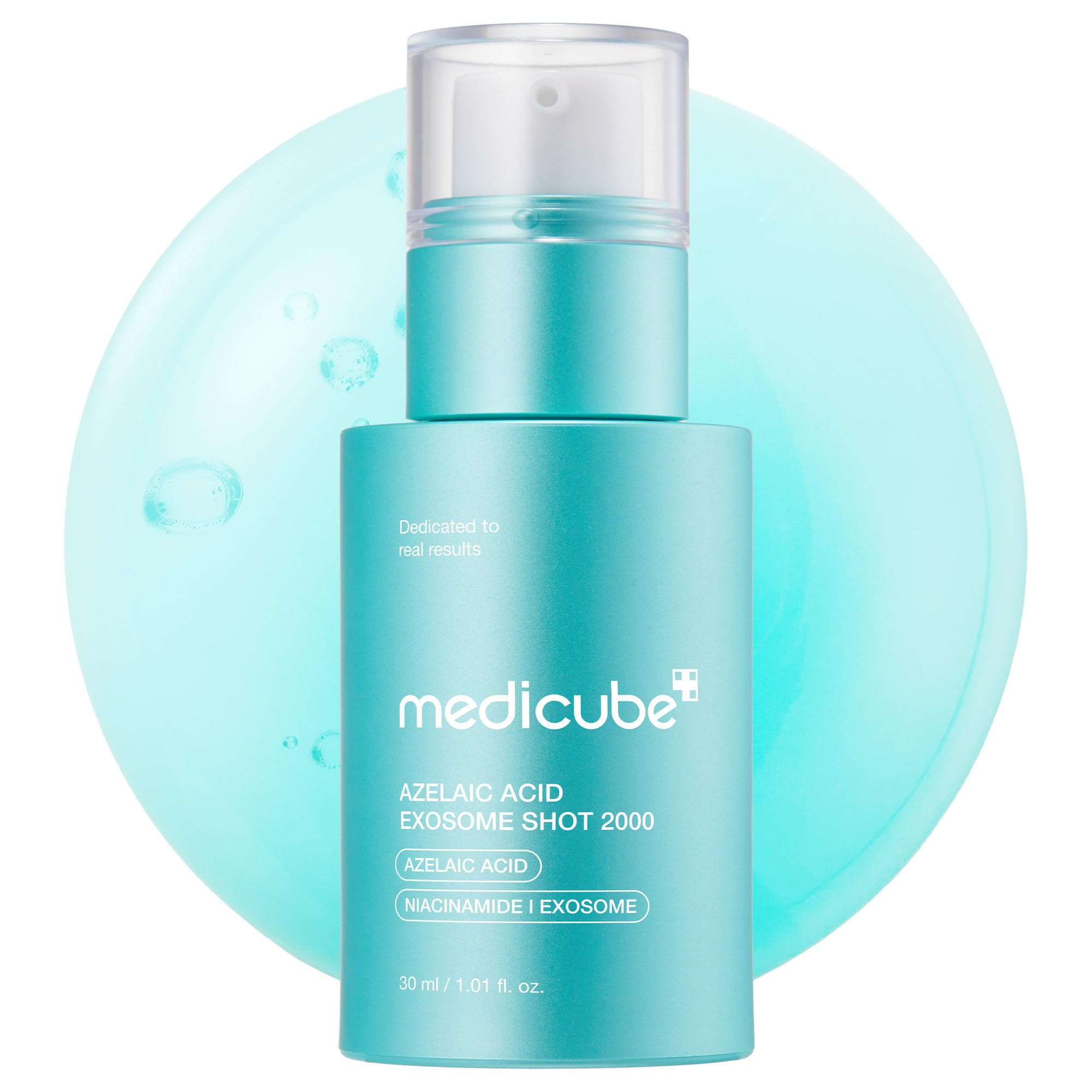 Medicube Azelaic Acid Exosome Shot Serum 2000 bottle-pump demonstrates compact hydration for calm skin.