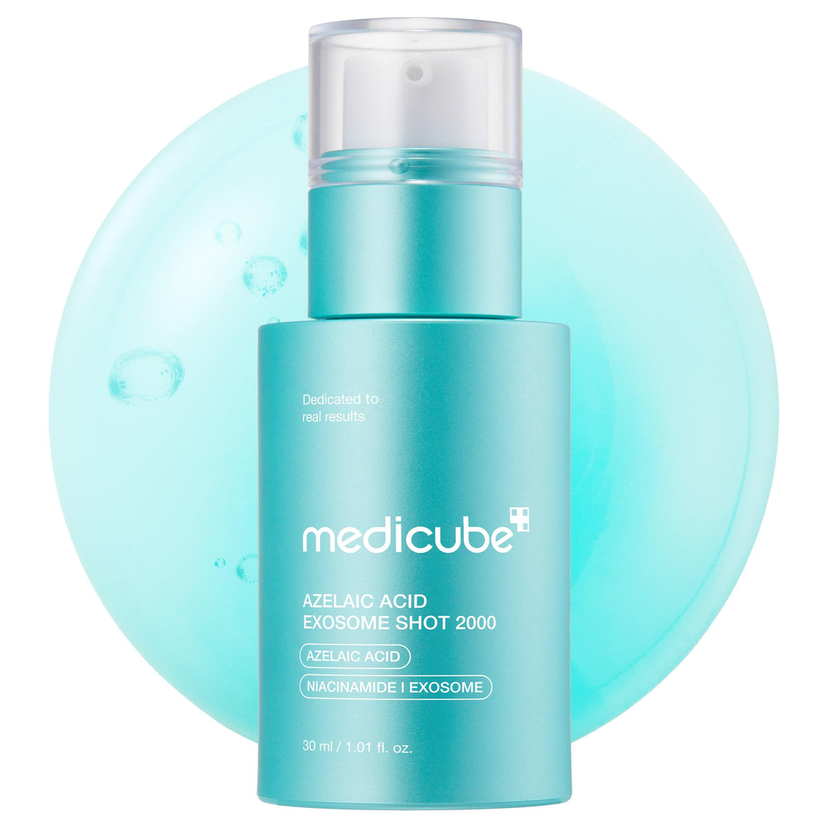 Medicube Azelaic Acid Exosome Shot Serum 2000 bottle-pump demonstrates compact hydration for calm skin.