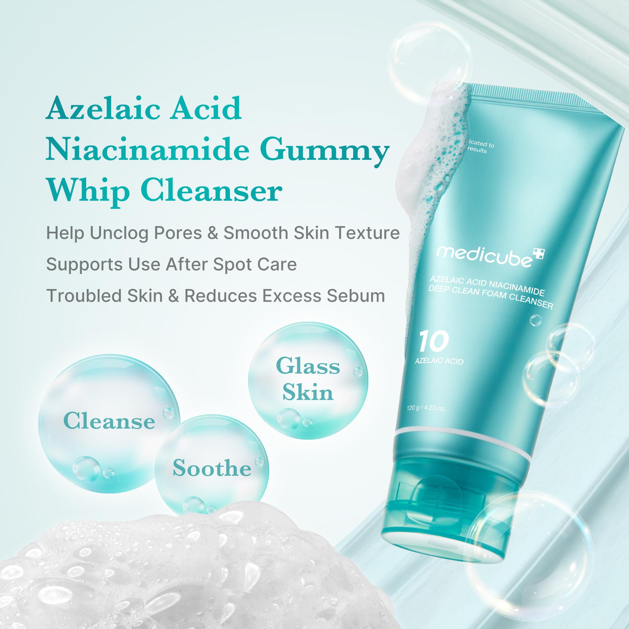 medicube Azelaic Acid Gummy Whip Cleanser foam transformation showing creamy lather for gentle cleansing
