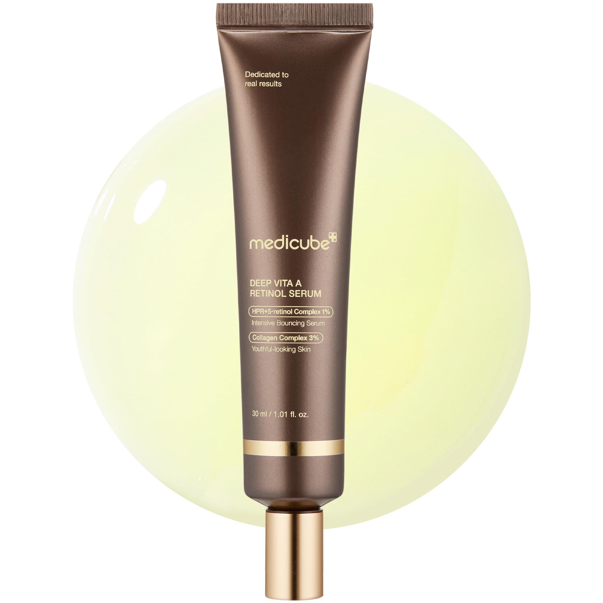 Medicube Deep Reviving Bakuchiol Serum bottle closeup for smooth skin and radiance.