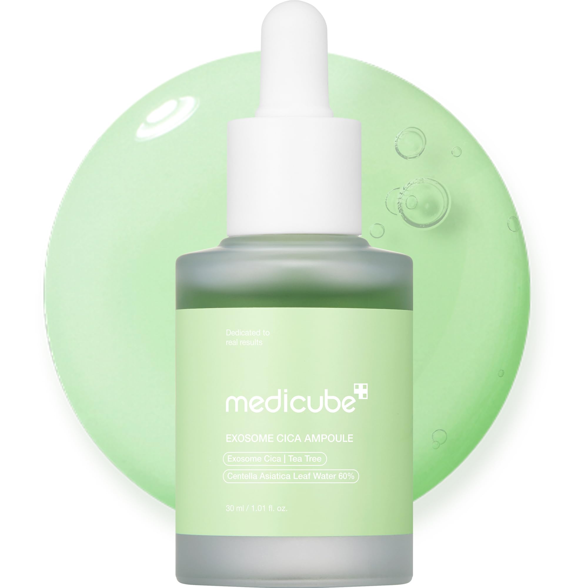 Medicube Exosome Cica Tea Tree Ampoule bottle close-up highlighting soothing, lightweight hydration.