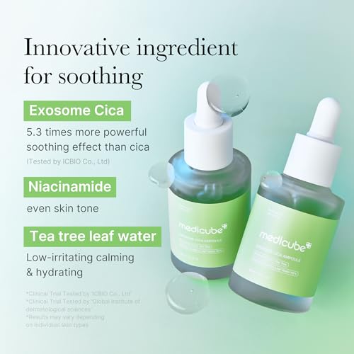 Medicube Exosome Cica Tea Tree Ampoule dispensing close-up illustrates easy AM and PM use.