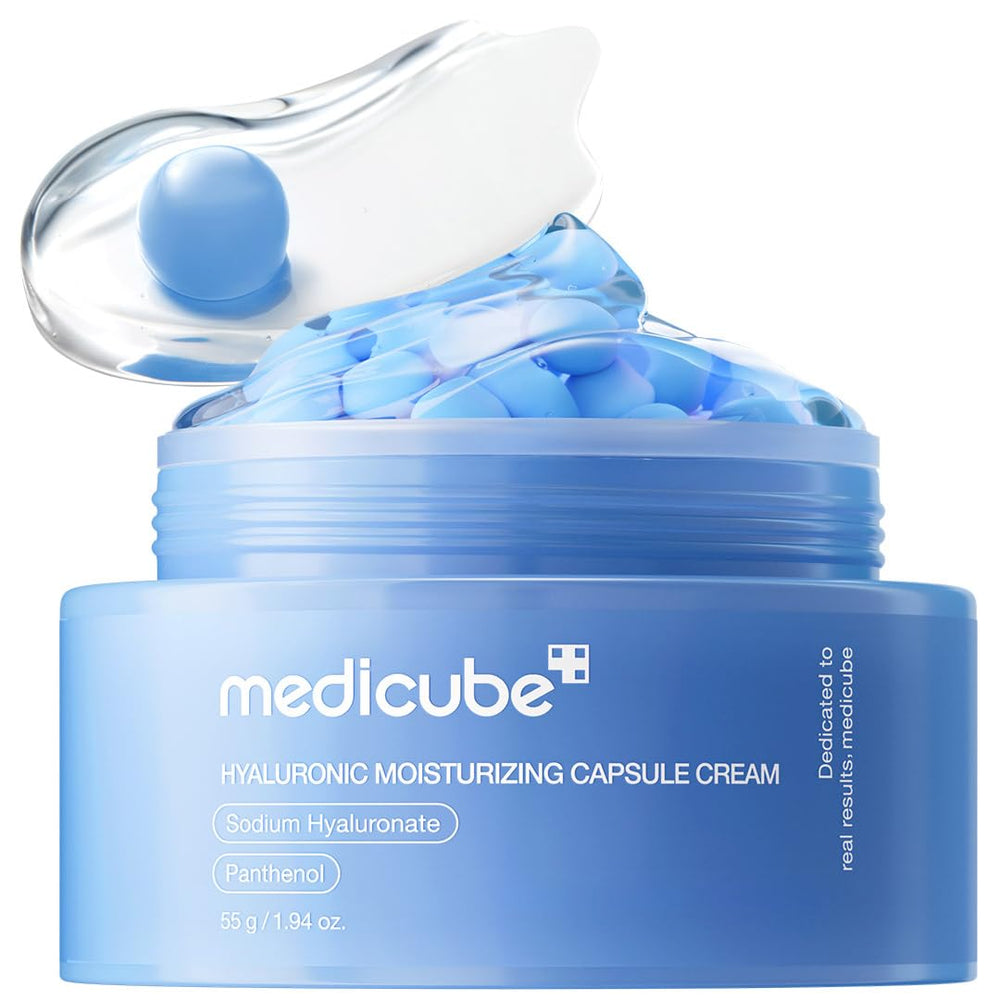 medicube hyaluronic acid capsule cream bottle showing long-lasting hydration