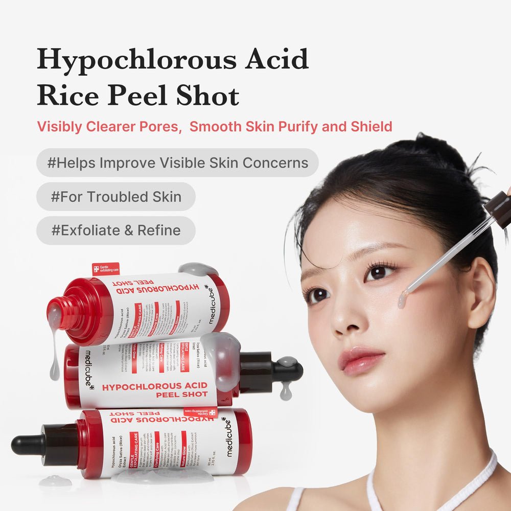 Medicube Hypochlorous Acid Rice Peel Shot application scene highlighting calming, purifying action on skin