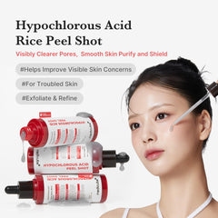 Medicube Hypochlorous Acid Rice Peel Shot application scene highlighting calming, purifying action on skin