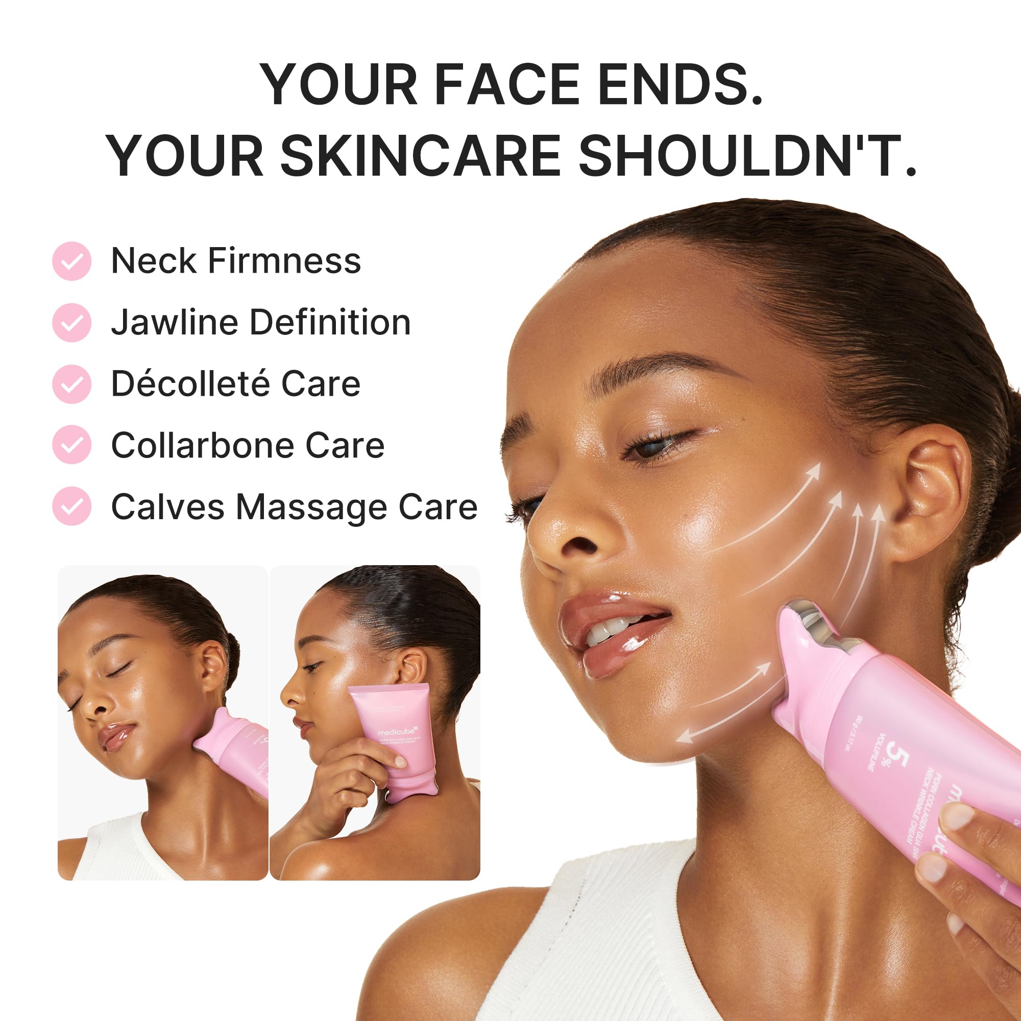 medicube product applied along jawline and décolleté improving contour