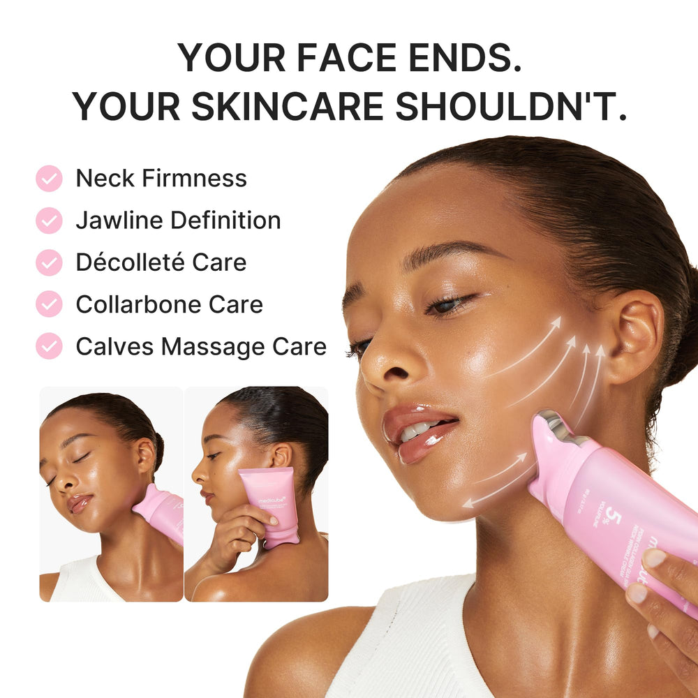 medicube product applied along jawline and décolleté improving contour