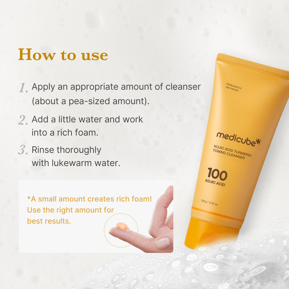 Medicube Kojic Acid Turmeric Whip Cleanser dispensed foam offers quick cleansing.