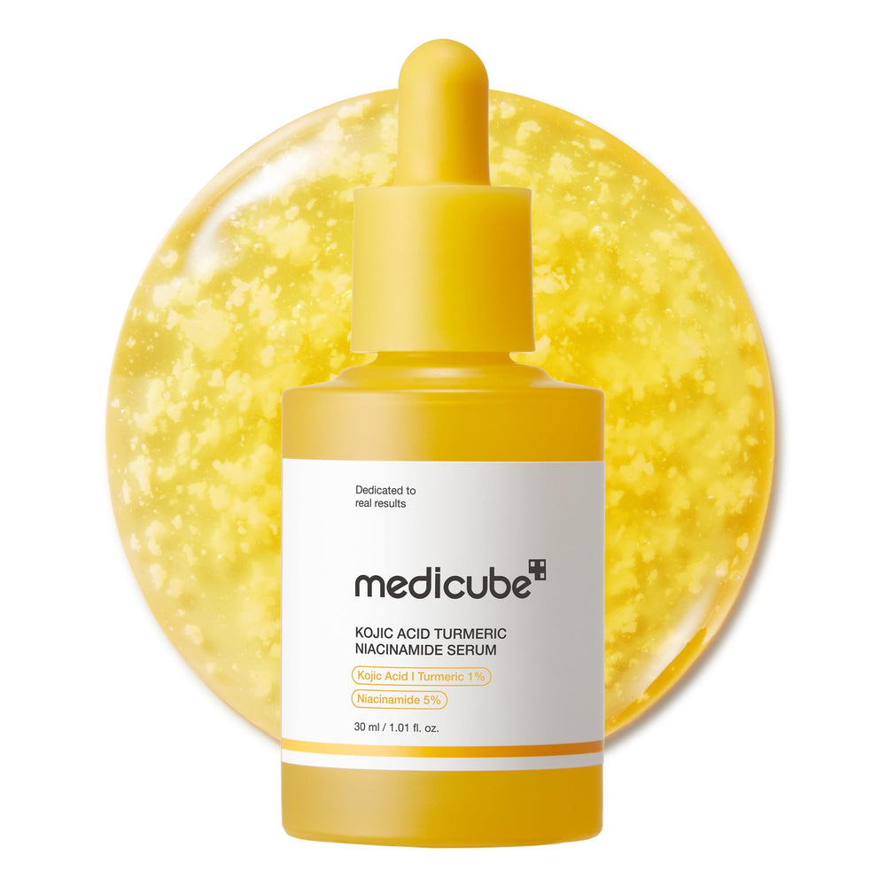 Medicube Kojic Acid Turmeric Serum bottle closeup highlights brightening potential.