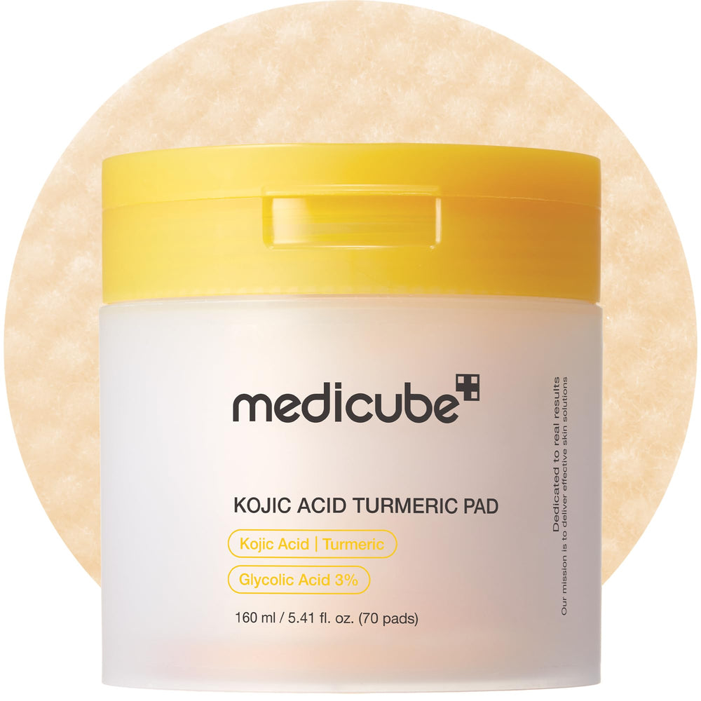 medicube Kojic Acid Turmeric Toner Pad packaging closeup for calming brightening potential