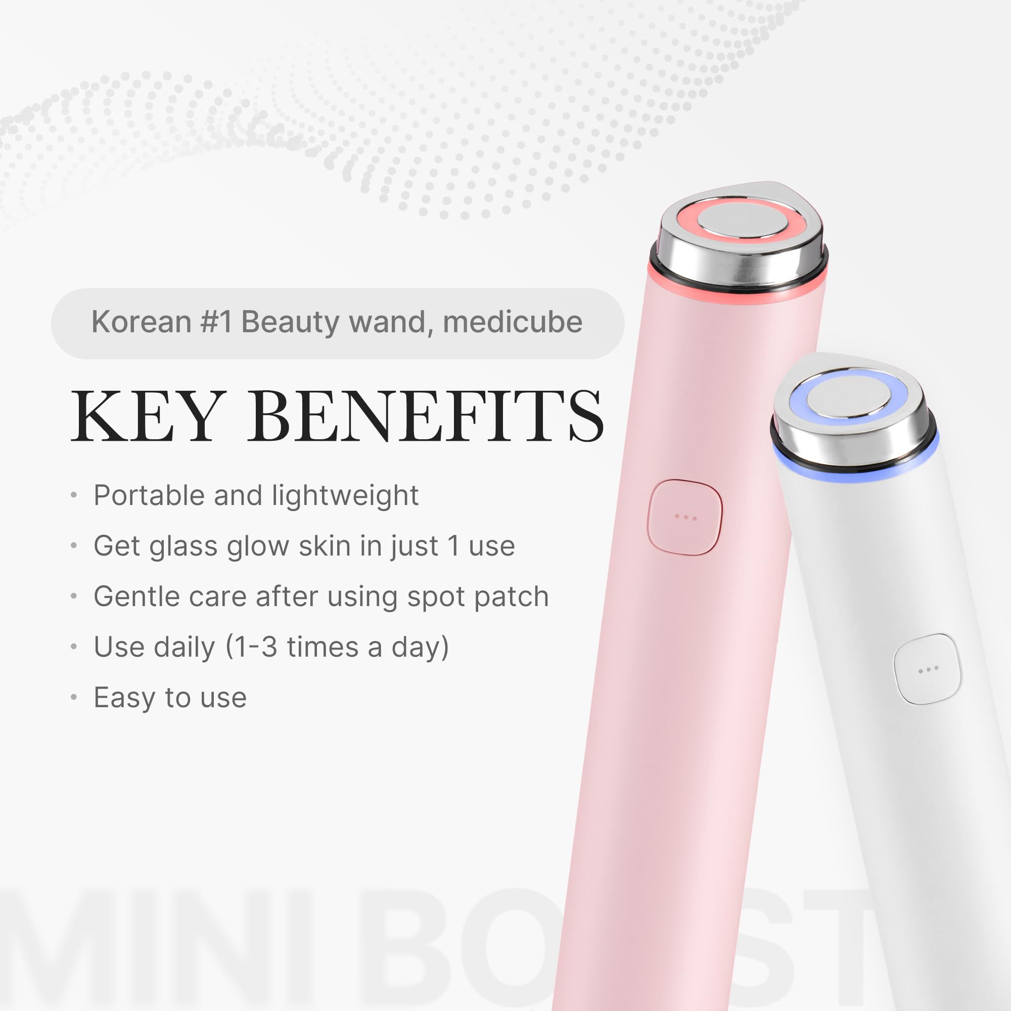 Medicube Mini Booster Pro Pink on bedside table implying easy nightly ritual.