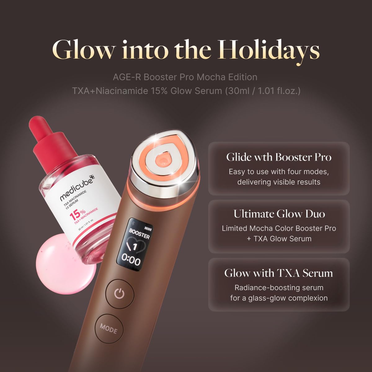 Medicube Mocha Booster Pro device closeup emphasizes advanced absorption for glass-like skin.