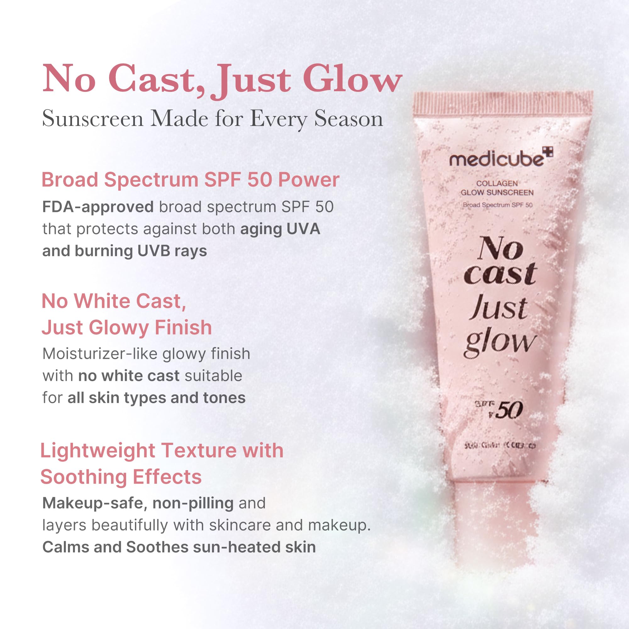 Medicube No Cast Just Glow bottle back highlights ingredients for hydration and soothing skin