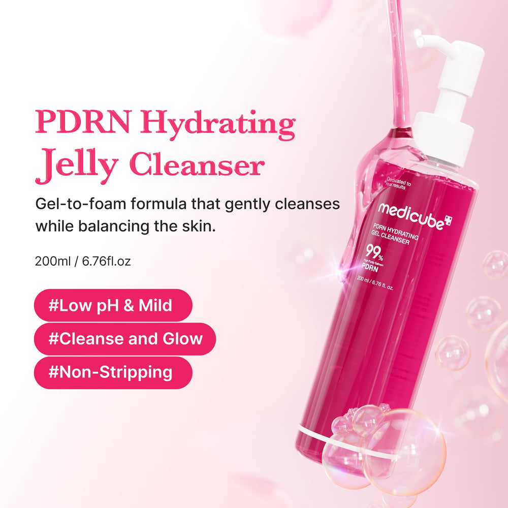 Medicube PDRN Jelly to Foam Cleanser foaming action highlights lightweight foam for refreshed skin.