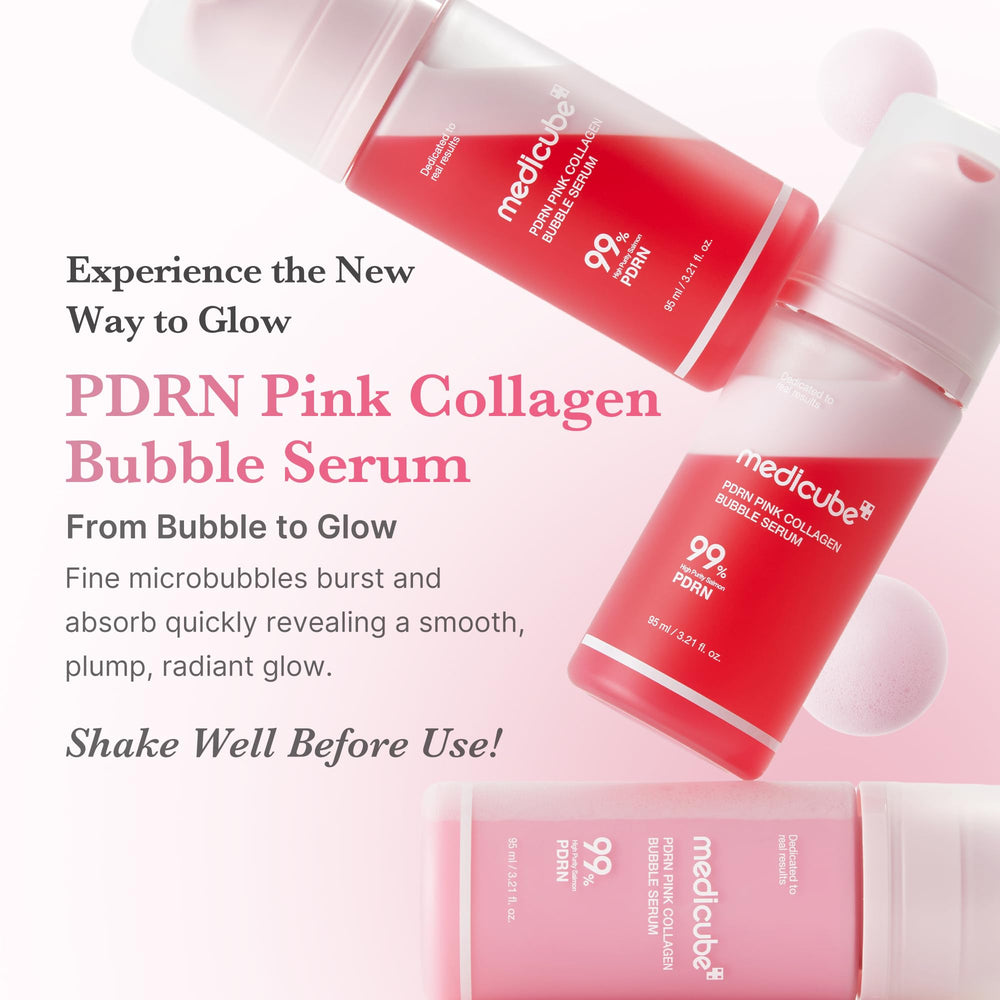 Medicube PDRN Pink Collagen Bubble Serum bottle back highlights purity and skin vitality support.