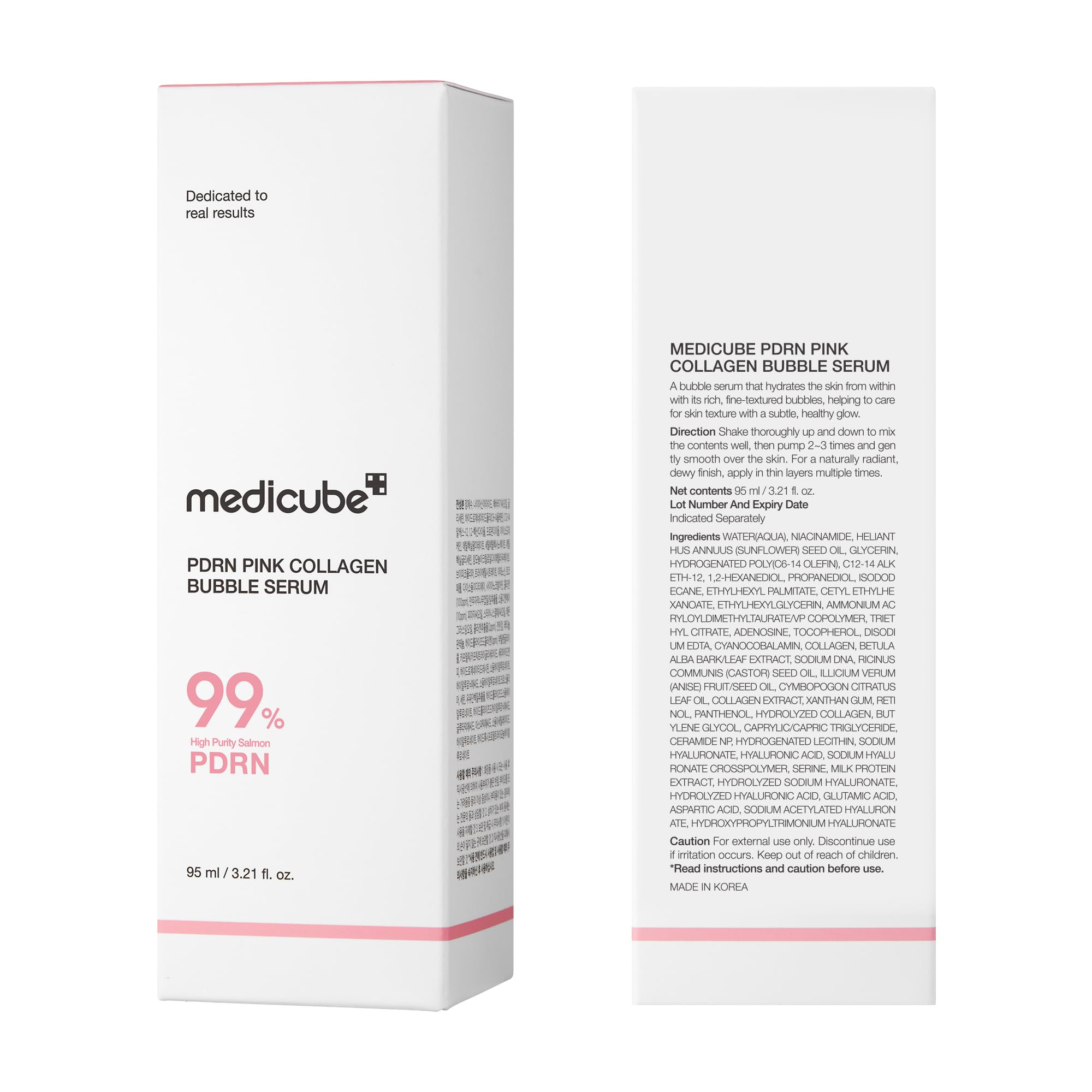 Medicube PDRN Pink Collagen Bubble Serum packaging visual signaling premium hydration.