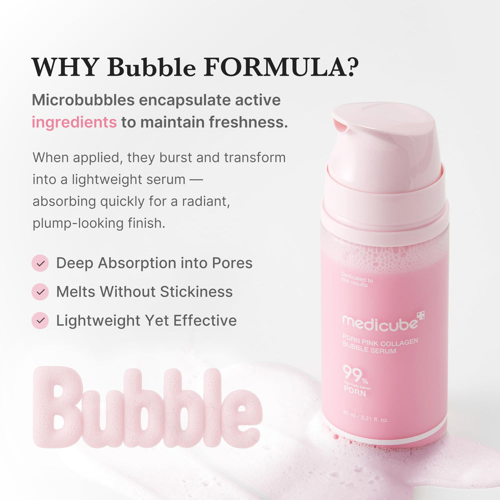 Medicube PDRN Pink Collagen Bubble Serum shake action signals activation of dual-layer formula.