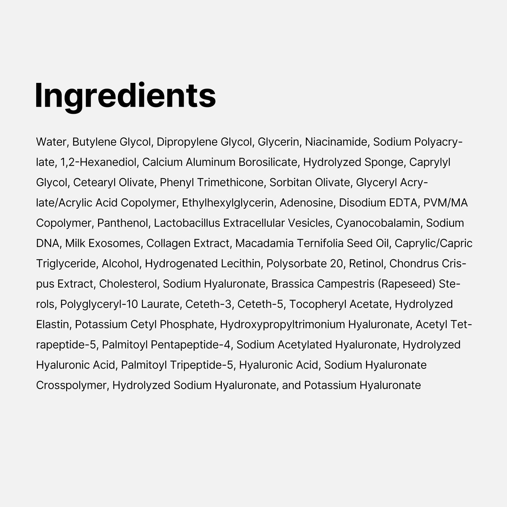 Medicube PDRN Pink Collagen Exosome Shot Serum ingredient panel highlights Niacinamide and Salmon DNA PDRN.
