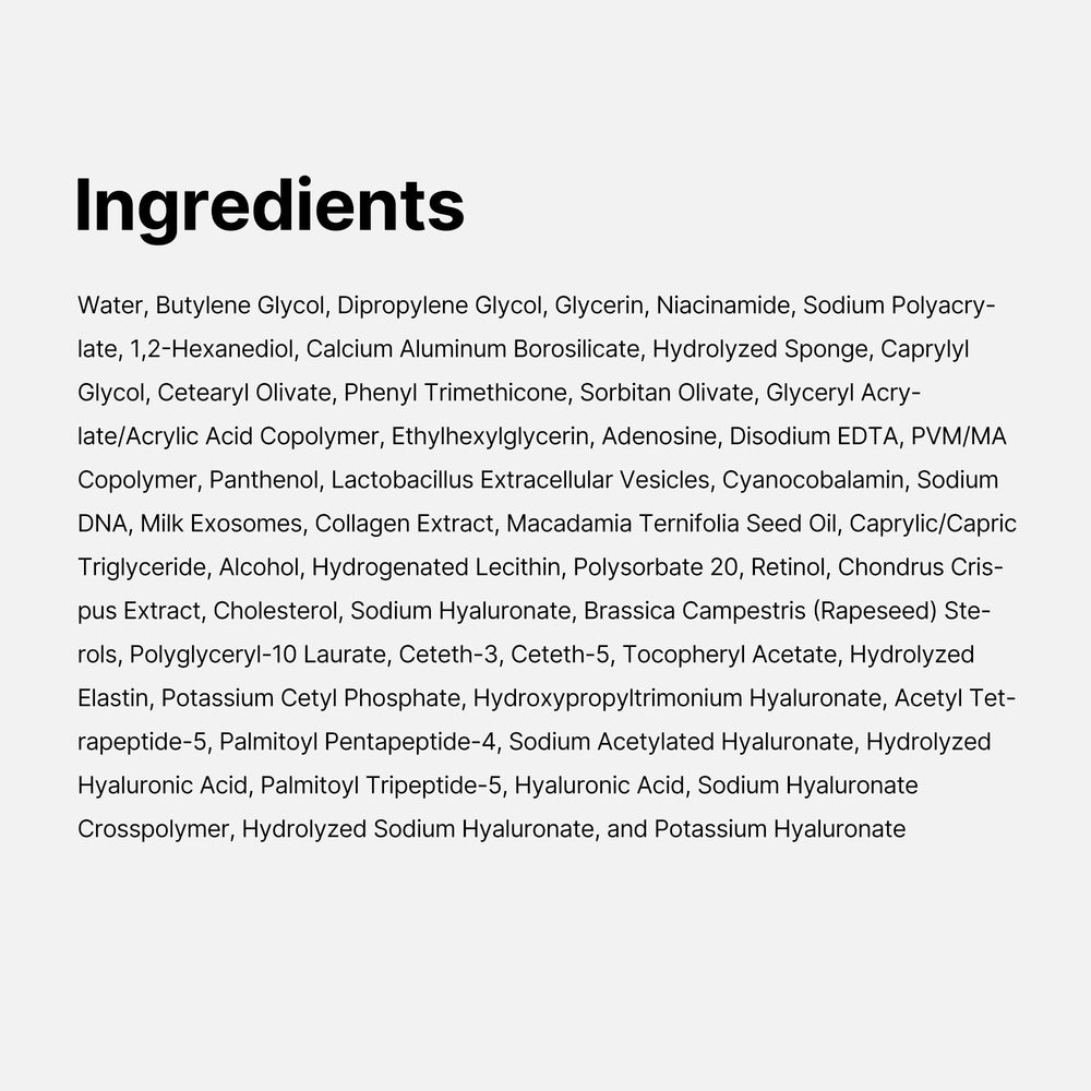 Medicube PDRN Pink Collagen Exosome Shot Serum ingredient panel highlights Niacinamide and Salmon DNA PDRN.