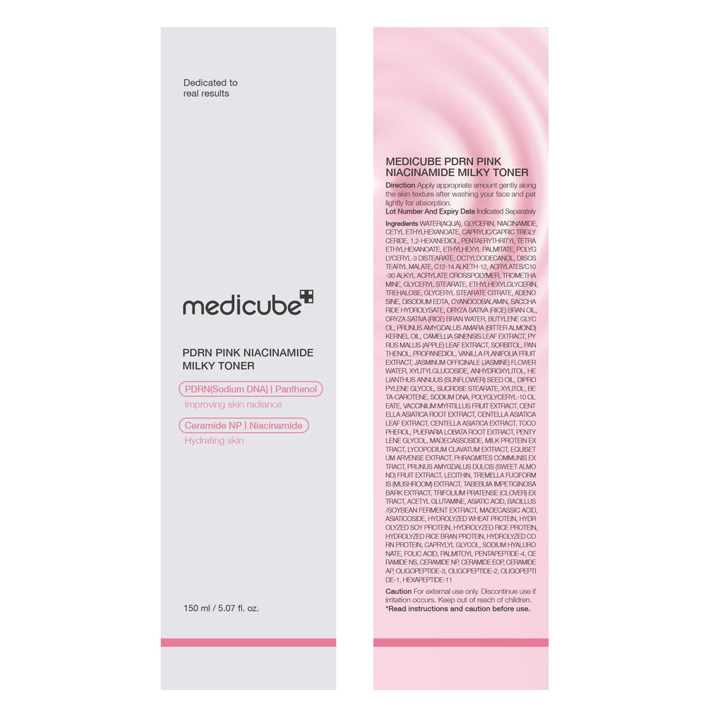 Medicube PDRN Pink Niacinamide Milky Toner packaging shown for shelf display