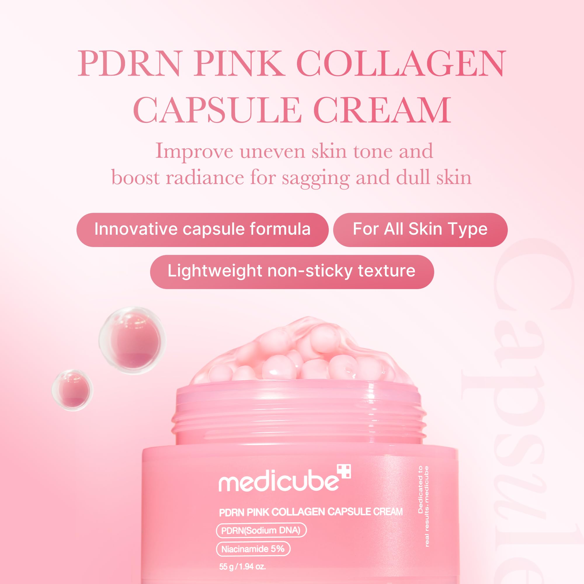 Medicube pink capsule beads blending into gel texture for smooth, hydrating application.