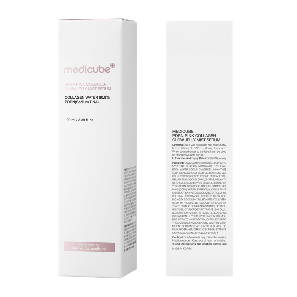 Medicube Pink mist application demonstrates 10–20 cm distance for even layer.