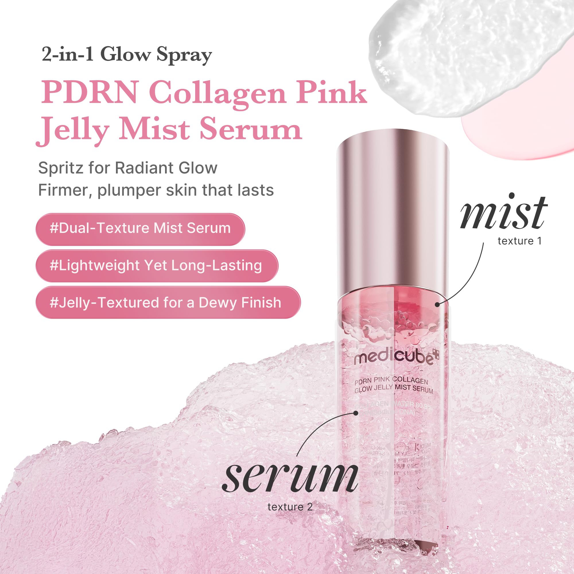 Medicube dual-texture serum-mist balance demonstrates 1 to 9 ratio for radiant skin.