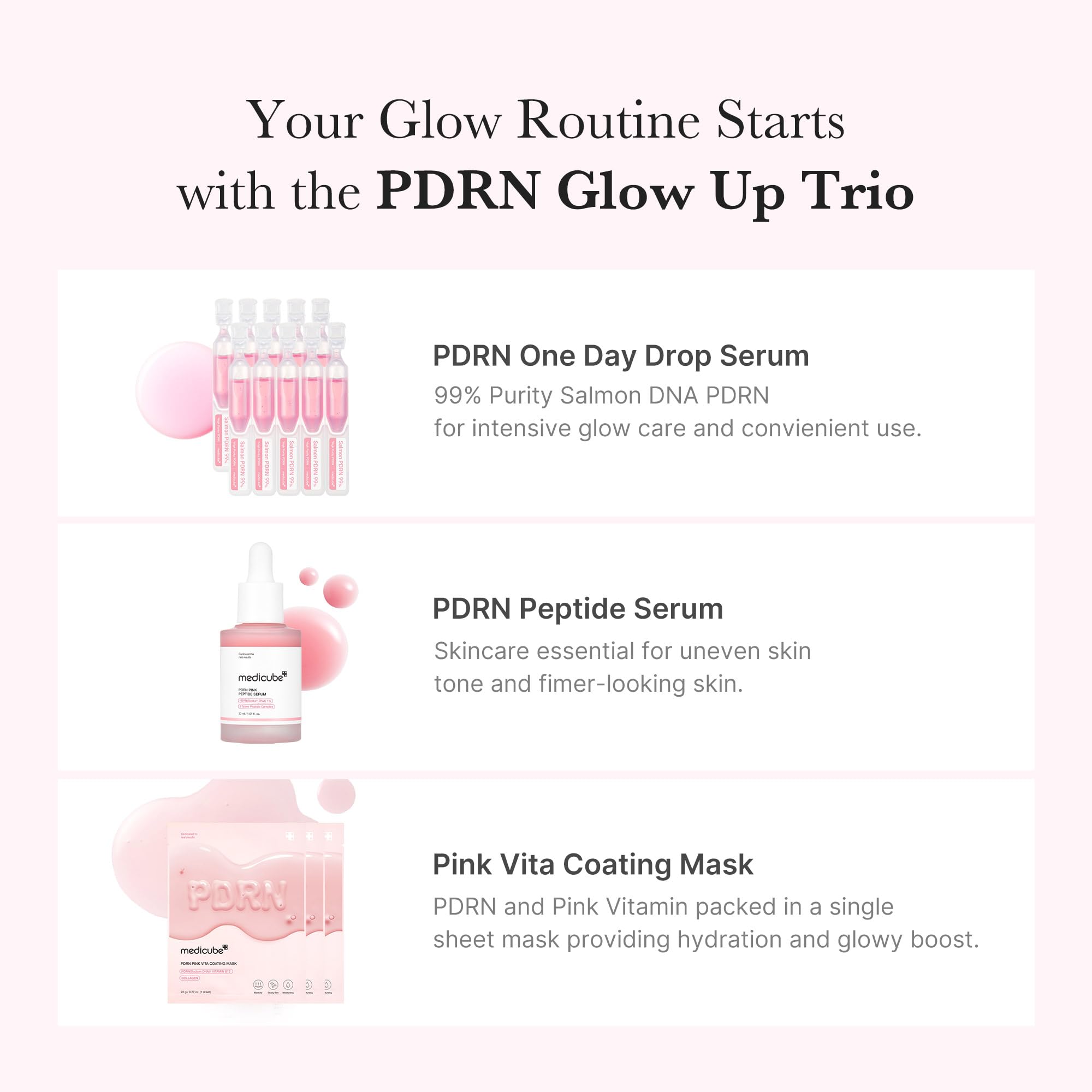 Medicube Pink PDRN Trio single-use pink drop vials for on-the-go hydration