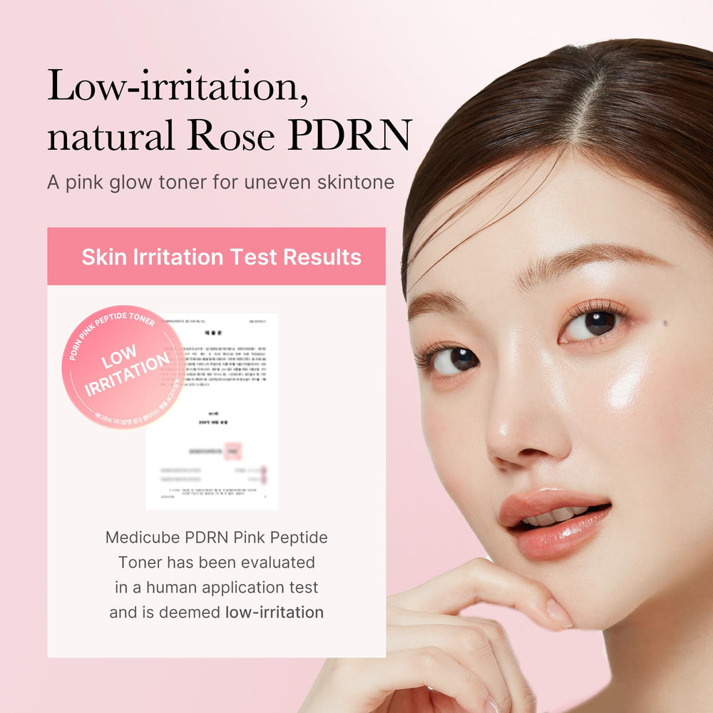 Medicube Pink Toner application on cheek demonstrates gentle, non sticky formula.