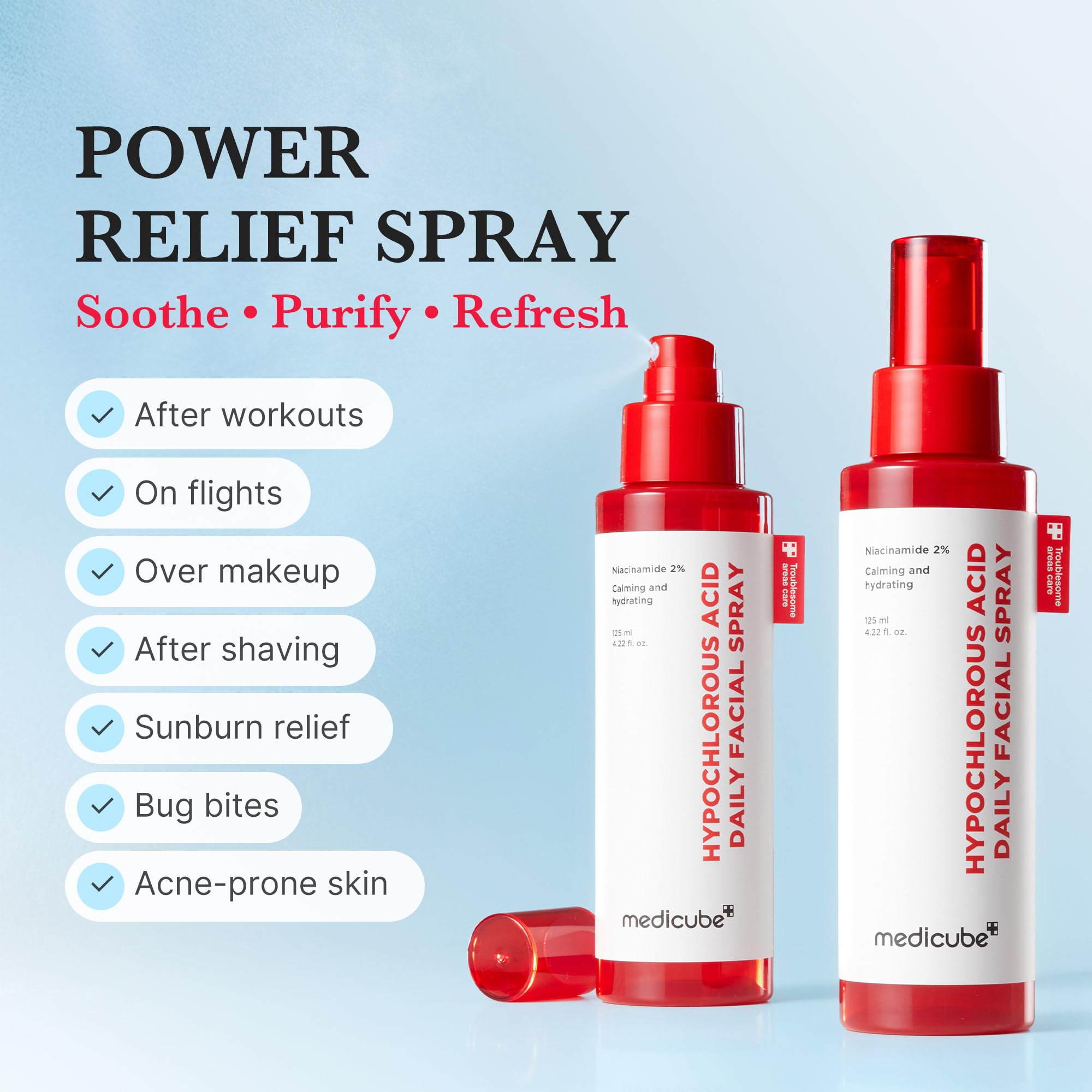Medicube Power Soothing Spray applied after cleansing for refreshed, calmer skin.