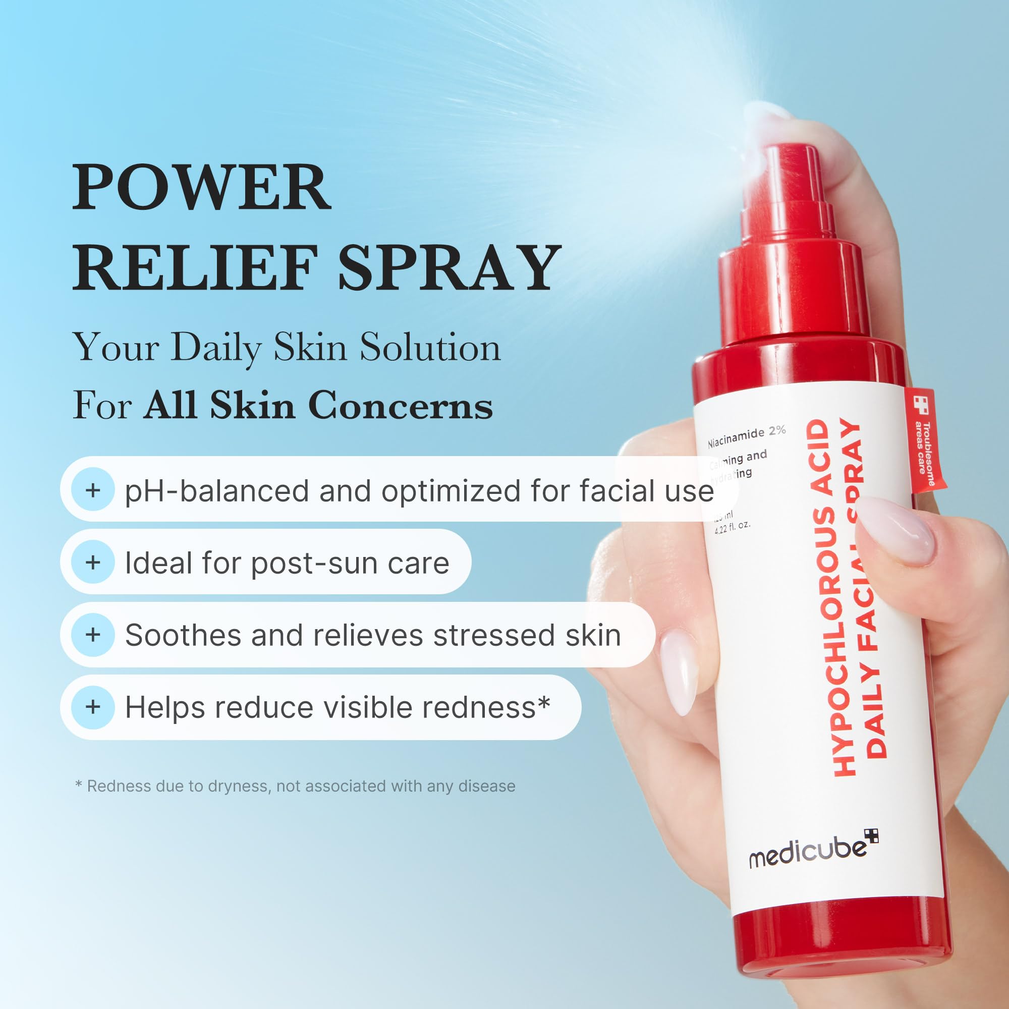 Medicube Power Soothing Spray mist dispersing fine, refreshing hydration after cleansing.