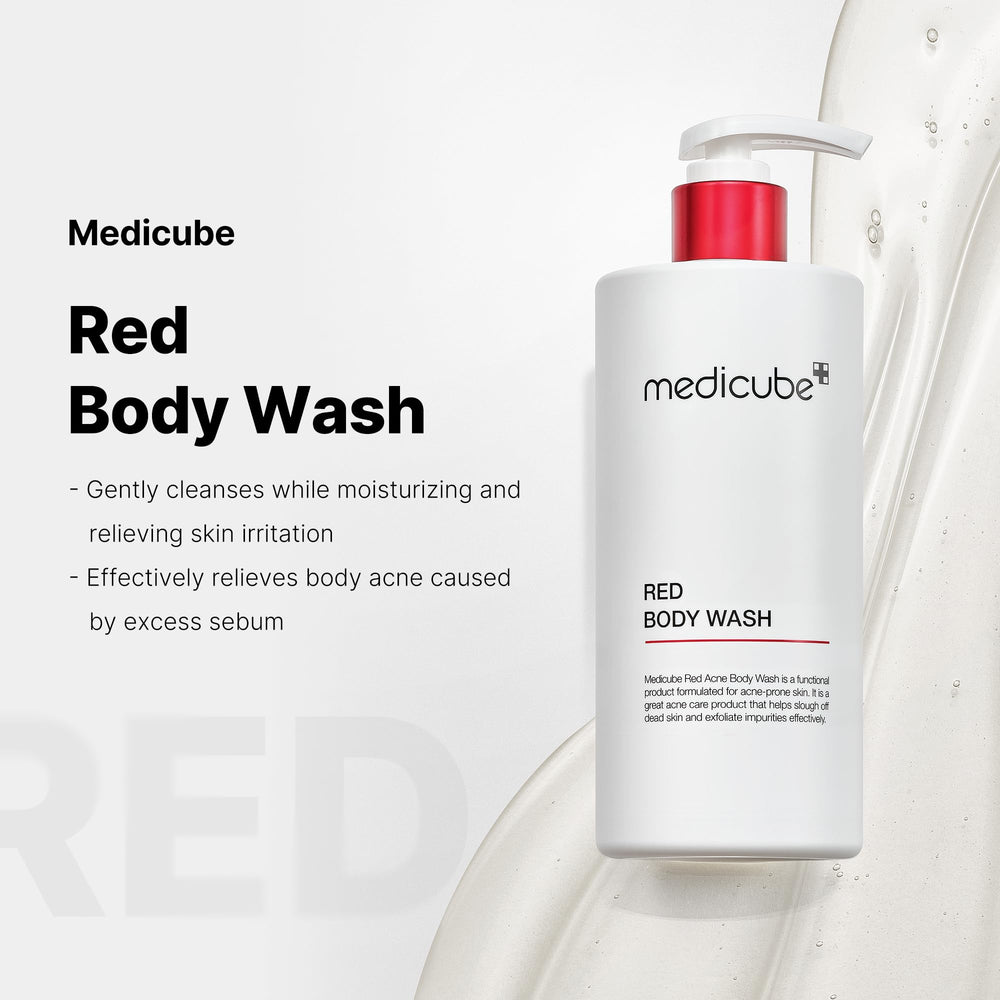 Medicube Red Body Wash close-up of ingredients highlighting salicylic acid and niacinamide for gentle exfoliation and soothing skin.