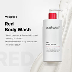 Medicube Red Body Wash close-up of ingredients highlighting salicylic acid and niacinamide for gentle exfoliation and soothing skin.