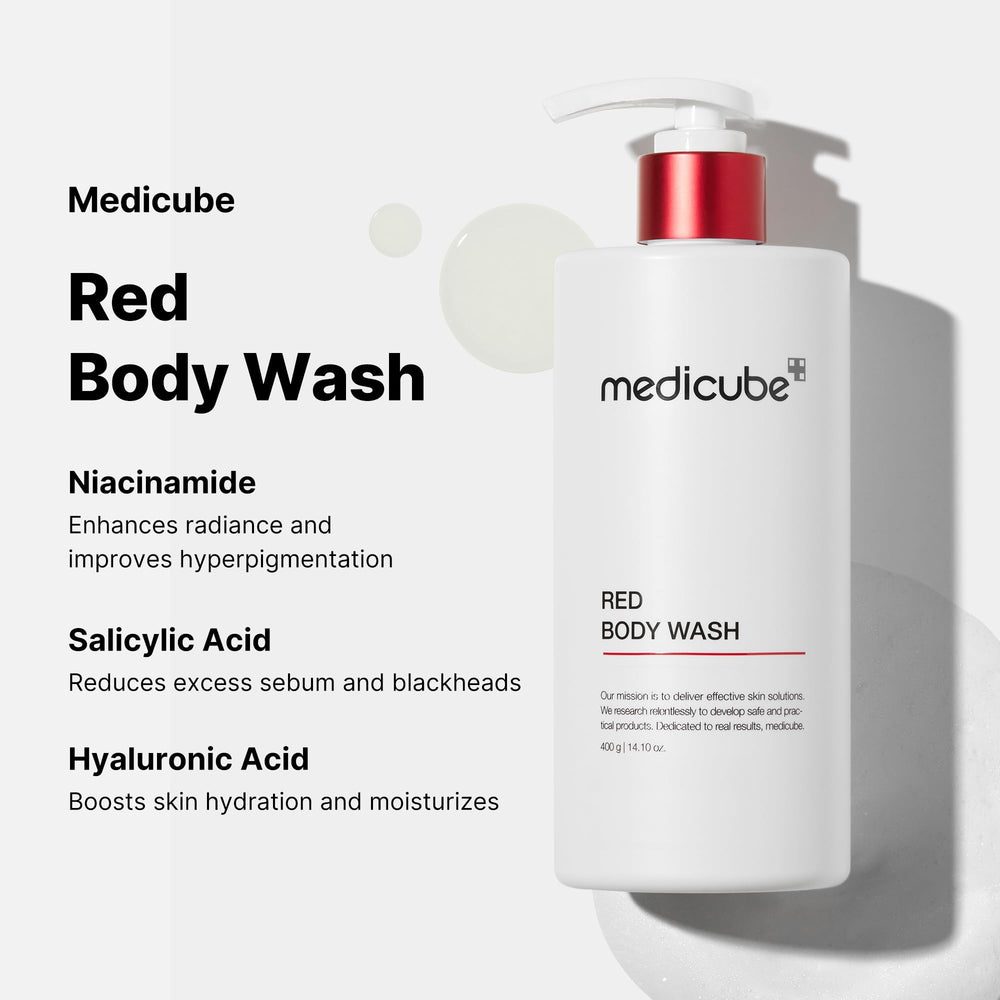 Medicube Red Body Wash bottle with steamy shower scene suggesting refreshing daily use.