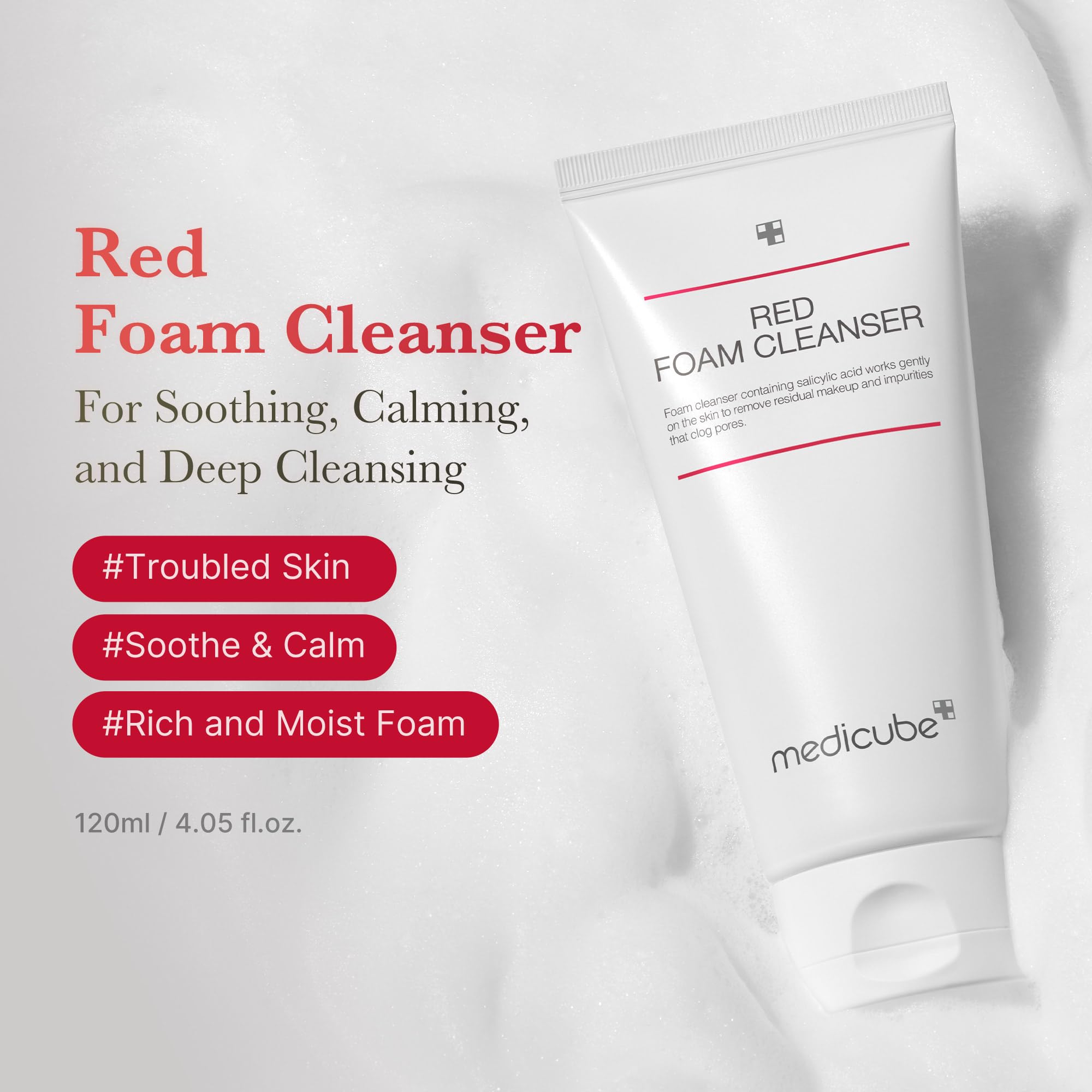 Medicube Red Foam Cleanser foam close-up with rich lather for thorough cleansing.