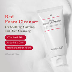 Medicube Red Foam Cleanser foam close-up with rich lather for thorough cleansing.